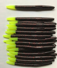 Load image into Gallery viewer, 5” Senko Style Trick Stick, Soft Plastic Bass Lure, 100 pack Black Neon Chartreuse Tip
