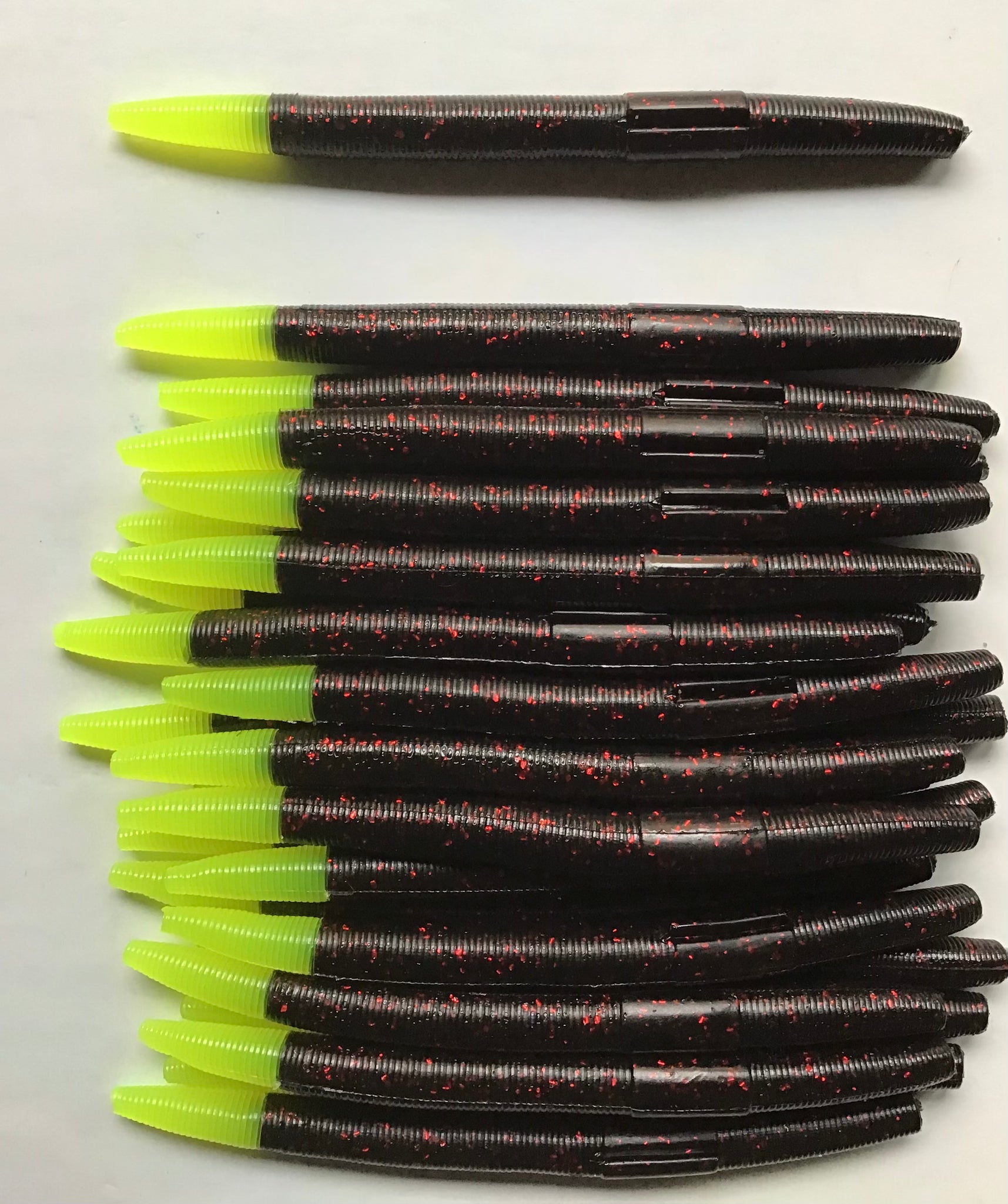 5” Senko Style Bass Worms, Soft Plastic Bass Lure, BLACK NEON CHARTREUSE  TIP 50